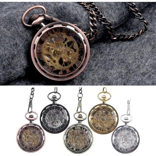 Unisex Luxury Silver Skeleton Mechacnical Hand-winding Mens Pocket Watch with Chain Hot Smooth Steel Women Unisex Pocket Watch