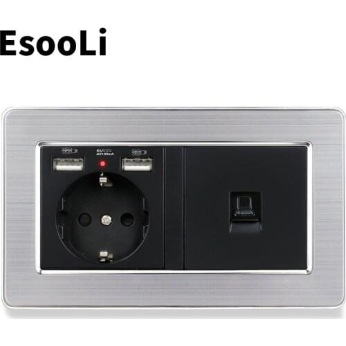 Esooli Black EU Standard Wall Socket 2 USB Charge Port Hidden Soft LED + 2 Gang CAT6 RJ45 Internet Stainless Steel Panel