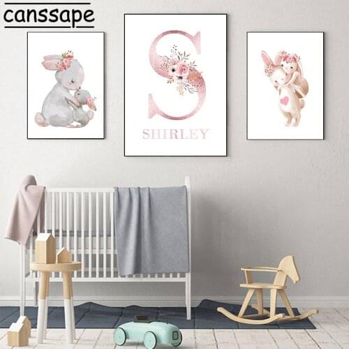 Rabbit Art Print Custom Name Canvas Painting Flowers Prints Nursery Animals Wall Poster Nordic Wall Pictures For Baby Room Decor