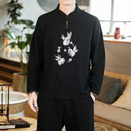 Chinese Style Embroidery Men Shirt Long Sleeve Casual Slim Fit Streetwear Men Shirt Man Casual Shirt Men Clothes 2021 New 30039