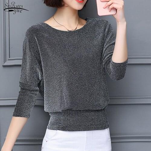 Classic Black Blue Shine Womens Blouses Fashion New Elegant Shiny Sequin Blouse Plus Size Glitter Shirt Tops Tunic Women 15841