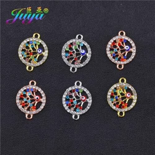 Juya DIY Multicolor Cz Rhinestones Life Tree Enamel Evil Eye Connectors For Classical Needlework Bracelet Earrings Making