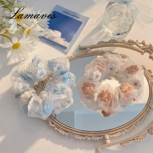 Sweet Embroidery Flower Hair Ring Organza Large Intestine Ring Hair Rope Ins Net Yarn Head Rope Girl Fashion Hair Accessories