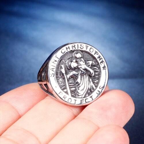 Saint Christopher Guardian Ring Mens Personality Cross Stainless Steel Biker Jewelry Boyfriend Creative Gift Wholesale