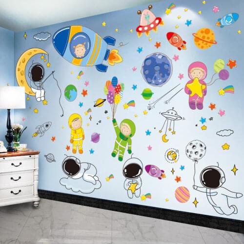 Astronauts Outer Space Planets Wall Stickers DIY Cartoon Children Decals for Kids Rooms Baby Bedroom Decoration