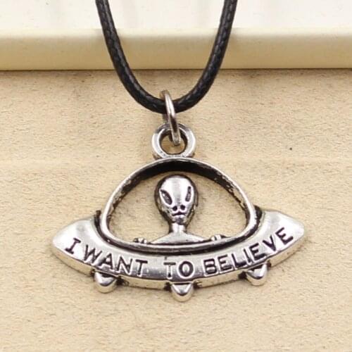 New Durable Black Faux Leather I Want Believe UFO ET Cord Choker Charm DIY Necklace Pendant Retro Boho Tibetan Silver Color