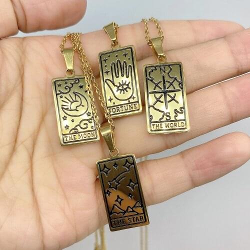 2021 Vintage Tarot Card Pendant Necklace Classic Square Amulet Pendant Necklace for Women Fortune Star World Sun Moon Necklaces