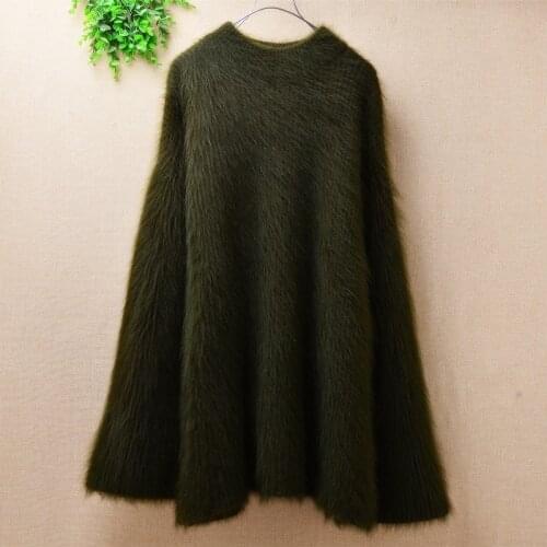 Pull female women thick warm mink cashmere turtleneck long flare sleeves loose pullover angora fur knitted jumper sweater P101