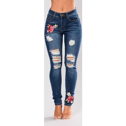 Plus Size Embroidery High Waist Woman Jeans Skinny Casual Vintage Ripped Pants Stretch Pencil Bottom Elastic Denim Trousers