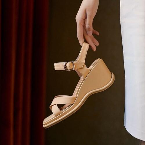 Platform Shoes Women Genuine Cow Leather Sandals For Women Shoes 2021 Summer Open-Toed Mid-Heel Sandals Women