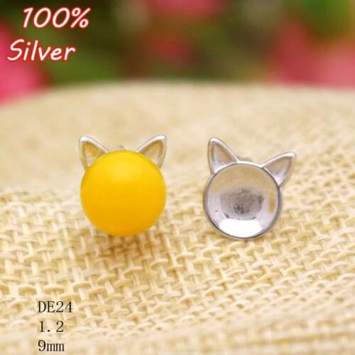 100% 925 Sterling Silver Color Jewelry Cat Shape Stud Earrings Blank Fit 9mm Cabochon Base Tray for DIY Jewelry Accessories