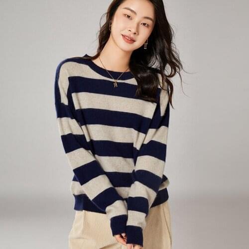 Zocept Autumn New 100%Wool Sweater Women O Neck Wide Striped Knitted Jumpers Female Casual Vintage Loose Cashmere Pullover Tops