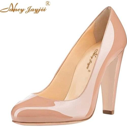 Classic Retro Nude Patent Leather Autumn Shoes Women High Thick Heel Pumps Casual Round Toe Ladies Shoes Dress Big Size 4-16