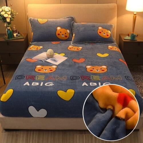 WOSTAR Warm velvet elastic fitted sheet mattress protector cover adult kids double bed super soft cozy print bed sheet king size