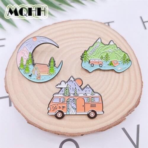 Creative Fun Outdoor Travel Bus Car Enamel Pins Sunrise Mountain Peak Woods River Landscape Image Brooch Badge Woman Jewelry