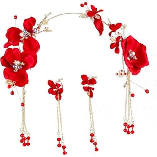 Women Wedding Hair Accessories Red Wreath Flower Tiaras Crown Flower Floral Hairband Headband+Earring For Women Girls Bridal