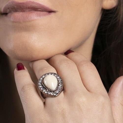 Araget Drop Şekıllı Half Pearl Around Row Stone Dızılı Bronze Color Women 'S Ring