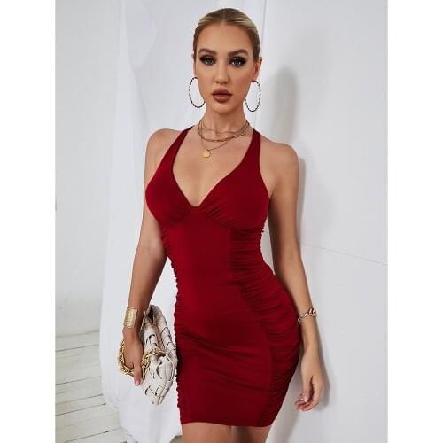 2021 Summer Sexy V Neck Pleated Casual Slim Army Green Burgundy Women Mini Party Dress Club Robe Femme Backless Vestidos CH0165