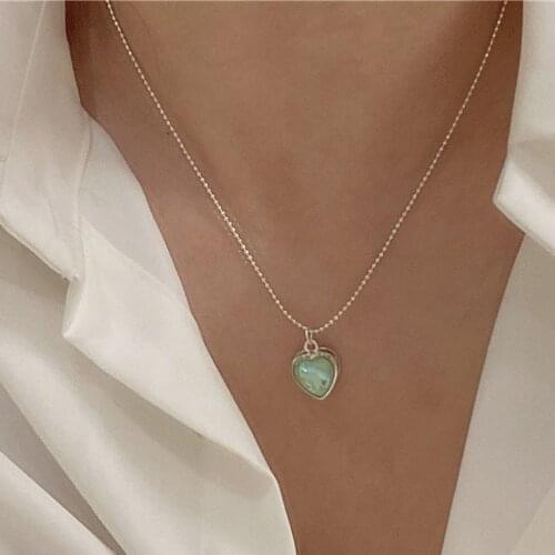 Origin Summer Korean Vintage Green Love Heart Pendant Necklace for Women Shining Round Bead Stainless Steel Necklace Jewelry