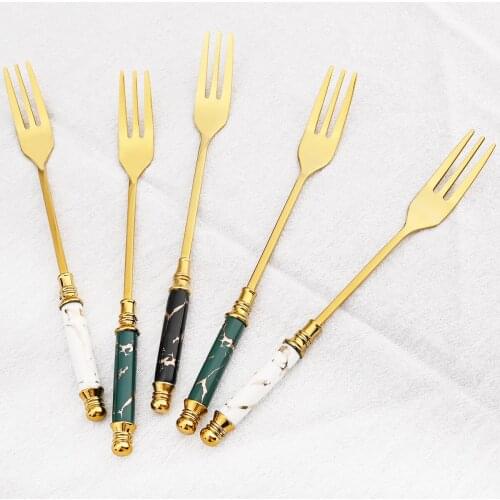 Gold Stainless Steel Dinner Fork Tea Fork Imitate Marbled Ceramic Handle Dessert Fork Western Small Cake Fork Kitchen Supplies