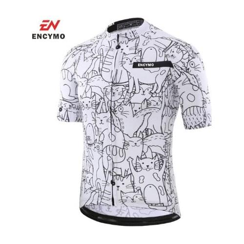 2021 Breathable Unisex White Cartoon Cat Cycling Jersey Spring Bike Clothing Road Team Bicycle Wear Shirts