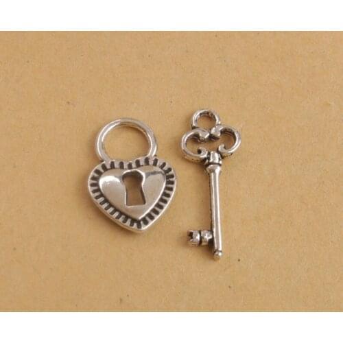 30 Sets of Antiqued Style Metal Heart Lock Key Charms