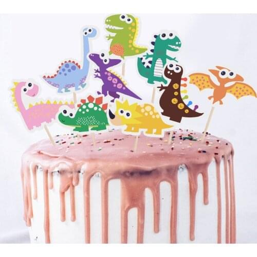 9pcs/set Dinosaur Theme Paperboard Cupcake Toppers with Sticks Happy Birthday Baby Shower Event Party Decorations Cake Toppers