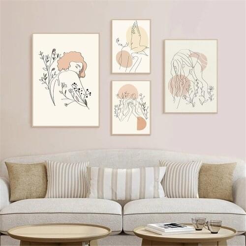 Abstract Woman Line Drawing Canvas Poster Plants Flower Orange Print Figures Wall Art Painting Pictures Living Room Home Decor