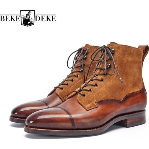 British Style Men 2021 New Mixed Colors Pointed Toe Lace Up Genuine Leather Ankle Boot Thick Bottom Outdoor Fashion Vintage Boot