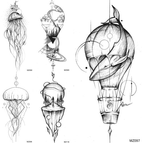 DIY Black Temporary Tattoos Fake Whale Hot Air Balloon Jellyfish Tattoo Sticker Waterproof Body Art Painting Tatoo For Women Men
