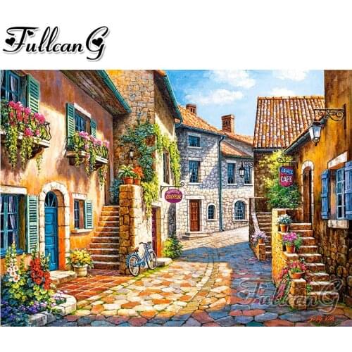 FULLCANG full square/round drill 5d diy diamond painting town street scenery embroidery landscape cross stitch craft kit FC1700
