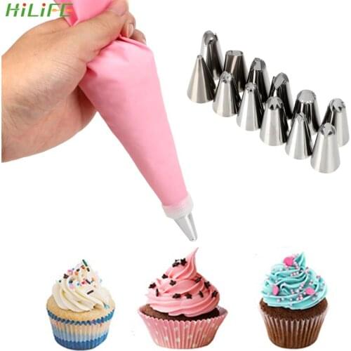 HILIFE 12 Nozzle Sets+ DIY Cake Decorating Tool 14pcs/set Icing Piping Cream Pastry Bag Reusable Silicone Pastry Tips Converter