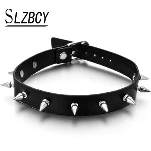 Punk Black Leather Necklaces Choker With Spikes Rivet For Women Men Round Collar Necklace Vintage Fashion Sexy Statement Jewelry