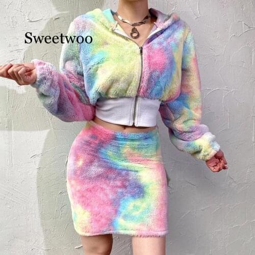 SWEETWOO Gradient Faux Fur Two Piece Set Fashion Winter Coat and High Waist Skirt Sets Outfits Suit New