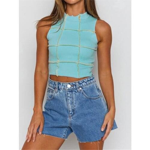 Womens Crew Neck Tank Tops Fashion Summer Vest Sleeveless Color Block Patchwork Stitch Crop Tops