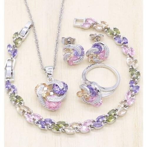 Multicolor Semi-precious Stones 925 Silver Wedding Jewelry Sets For Women Ring Earrings Pendant Necklace Chain Bracelet Sets