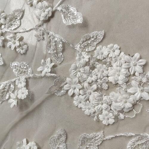 New fashion bridal,3D sequins flowers lace fabric,off white beading wedding dress lace fabric 52'' width 15 yard