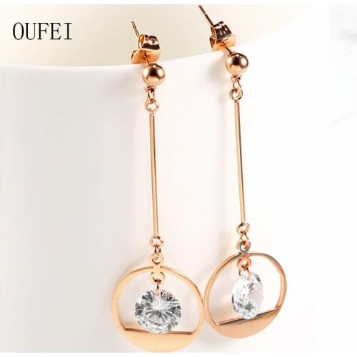 OUFEI Stainless Steel Earrings Asymmetry Drop Jewelry Crystal Earrings Women 2019 lovers Charm Rose Gold Earrings Fine