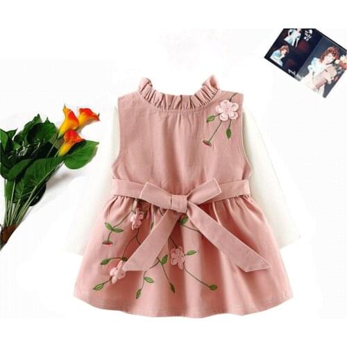 Baby Girl Dress 2 Piece Set Spring Autumn New Childrens Long-Sleeved T-Shirt + Sleeveless Flower Embroidery Dress Kids Clothing
