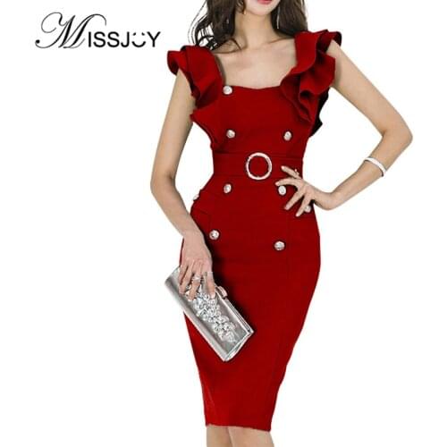 MISSJOY 2020 Spring High Waist Sexy Dresses Women Bodycon With Button Ruffle Sleeves Pencil Elegant Office Work Female Patchwork