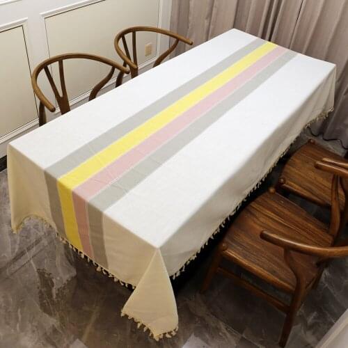 Striped Decorative Cotton Linen Tablecloth with Tassel Modern Gray Thick Rectangular Wedding Dining Table Cover Tea Table Cloth