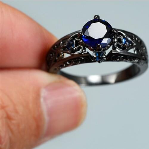 Luxury Female Green Blue Round Stone Ring Vintage 14KT Black Gold Engagement Rings For Women Promise Love Wedding Band Ring