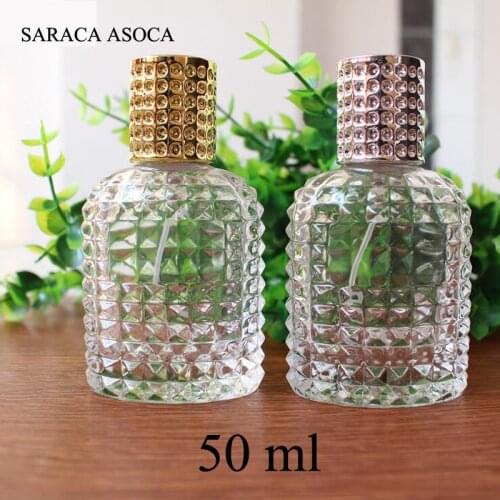 Retail Wholesale 50ml Clear color Sliver And Gold Cap Polished Glass Spray Perfume Bottle Big Volume Atomizer For Cosmetic