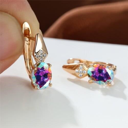 Rainbow Crystal White Zircon Earrings Geometric Oval Stone Hoop Earrings Rose Gold Color Wedding Earrings For Women Boho Jewelry