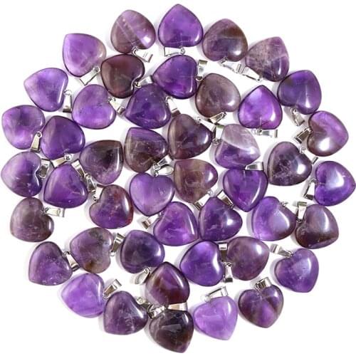 Fubaoying Natural Purple Crystal Heart Amethysts Stone Pendants 50pcs Charms For Jewelry Making