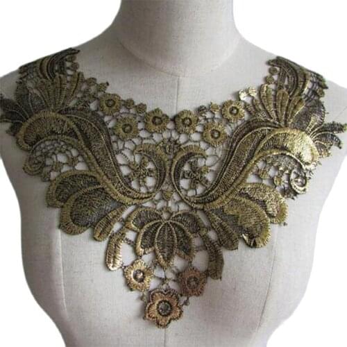 Modern 3D gold cotton embroidery DIY flower lace collar Fabric Sewing Applique ribbon trim neckline guipure cloth wedding decor