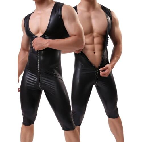 Super Elastic Top Grade Clothes Imitation Leather Pants Cool Zipper Stage Costume Fashion Men Bodysuit Sexy Shaper