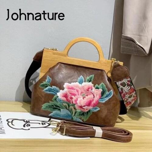Johnature Vintage Embroidery Elegant Women Leather Bag 2021 New Chinese Style Floral Versatile Shoulder & Crossbody Bags