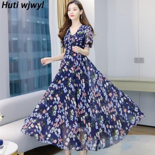 Plus Size Vintage Print Chiffon Casual Midi Sundress 2021 Summer Women Boho Beach Maxi Dresses Party Short Sleeve White Vestidos