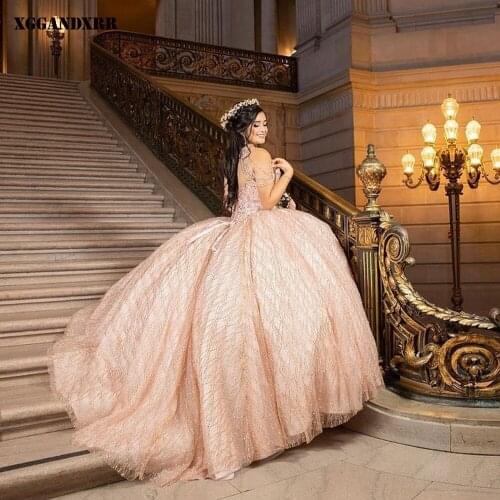 Elegant Ball Gown Quinceanera Dress 2022 Tulle Pearls Cape Long Rose Gold Sleeveless Party Dresses Sweep Train Or Plus Size